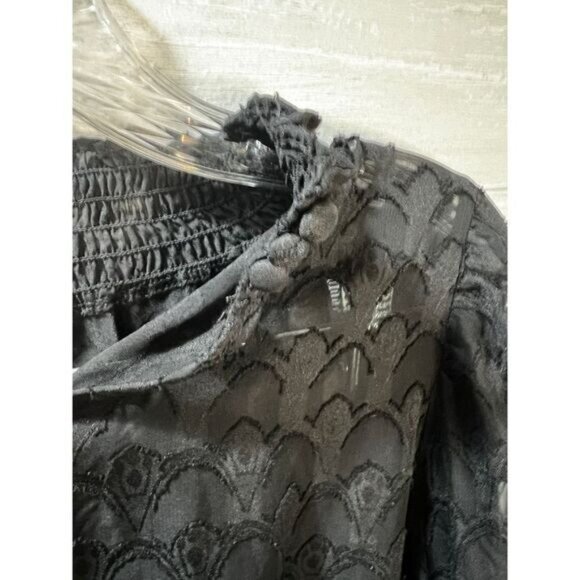 Black Textured Long-Sleeve Smocked Waist Top With Lace Details & Ruffled Necklin - Picture 3 of 8